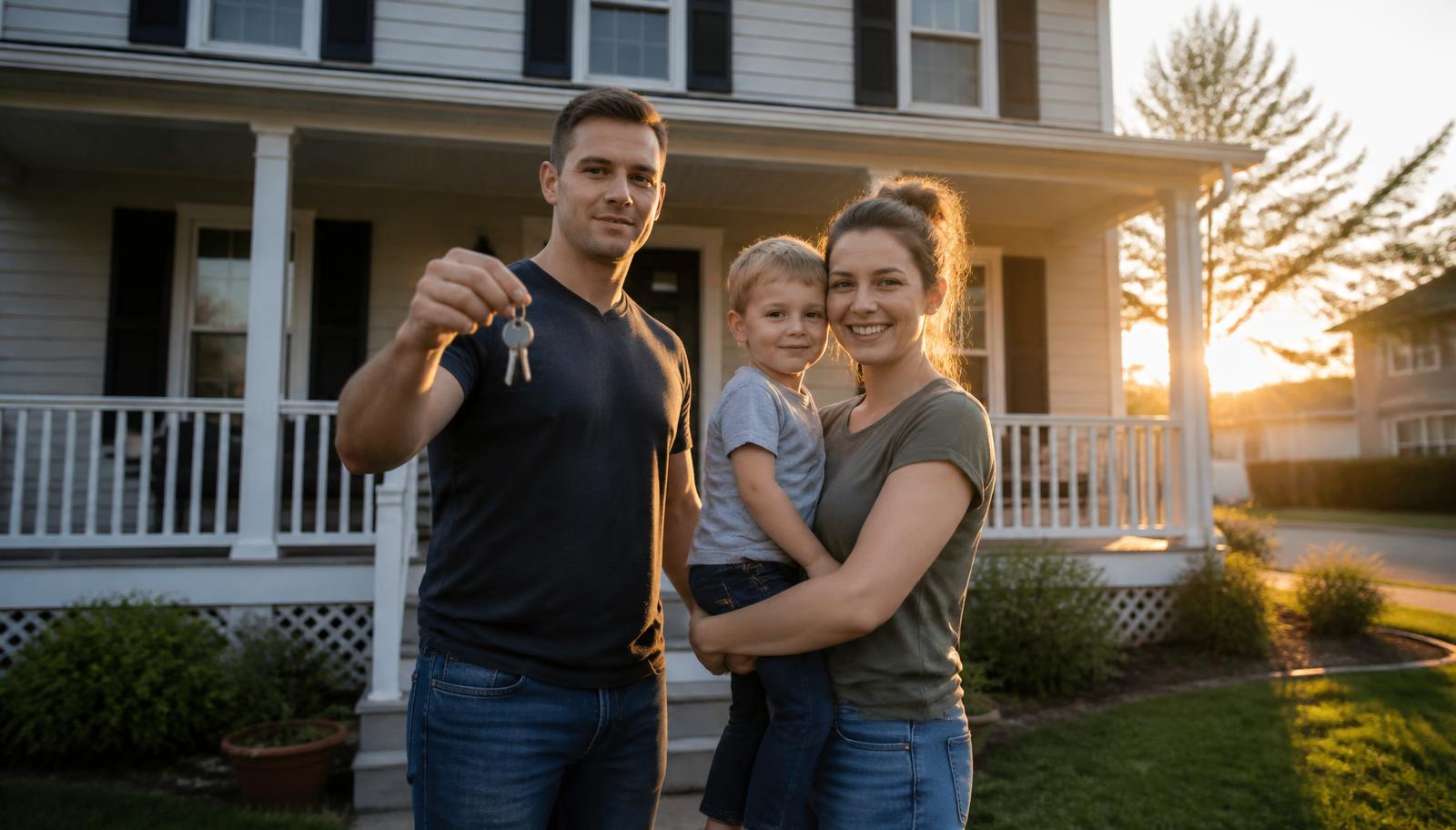 VA home loans for American families Family receiving the keys to their new home on the front porch after closing a VA loan